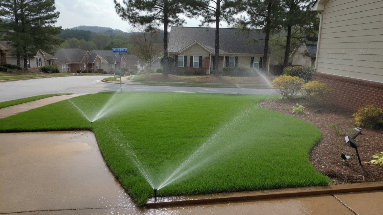 The same lawn green and dense with irrigation heads running
