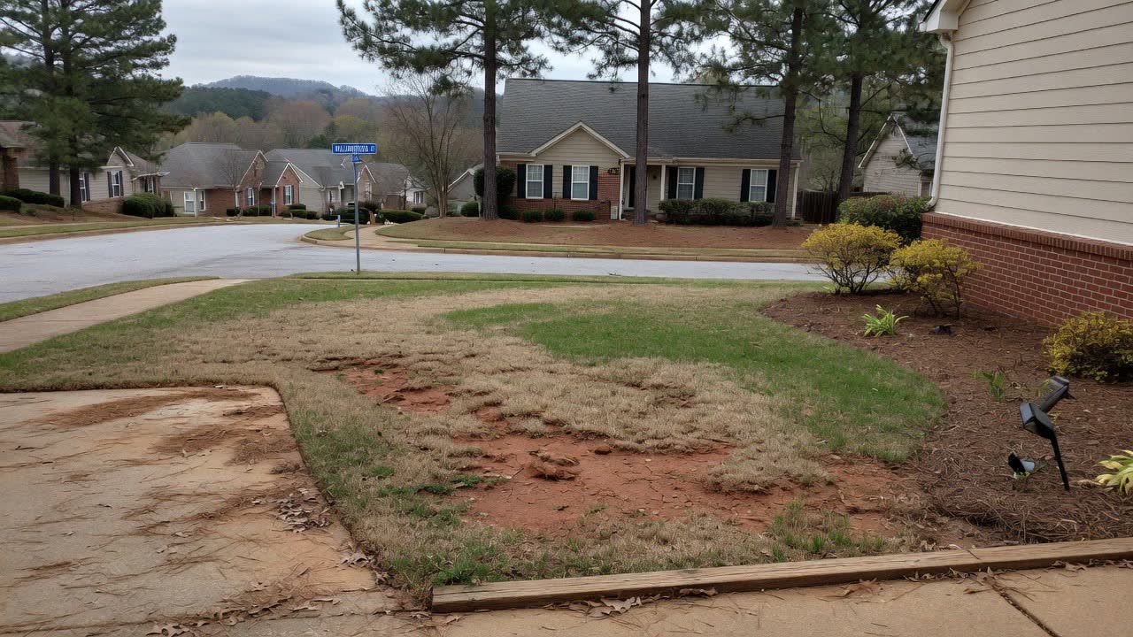 A corner lawn worn down to bare clay and dead grass