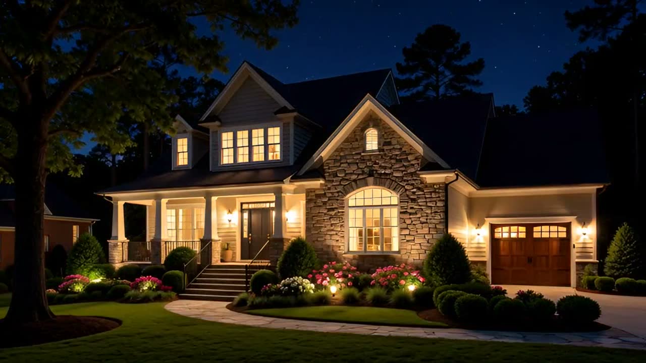 The same home at night with facade, porch, path and bed lighting on