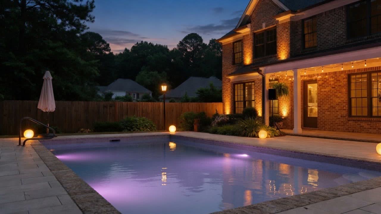 The same pool at dusk with submerged lighting and lit patio