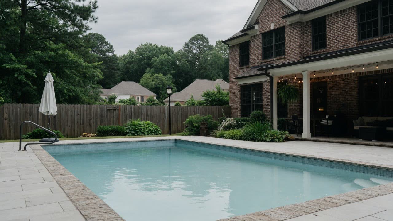 A pool and patio in flat daylight