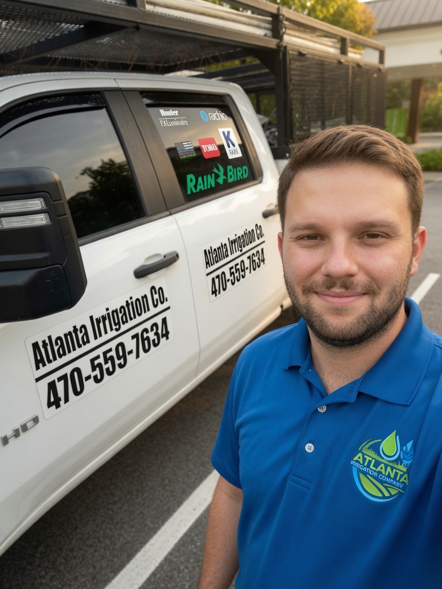 Atlanta Irrigation Company owner beside a lettered company truck