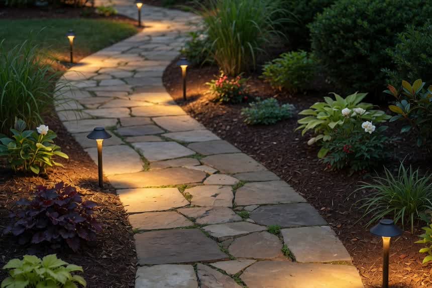 Path lights along a walkway at night