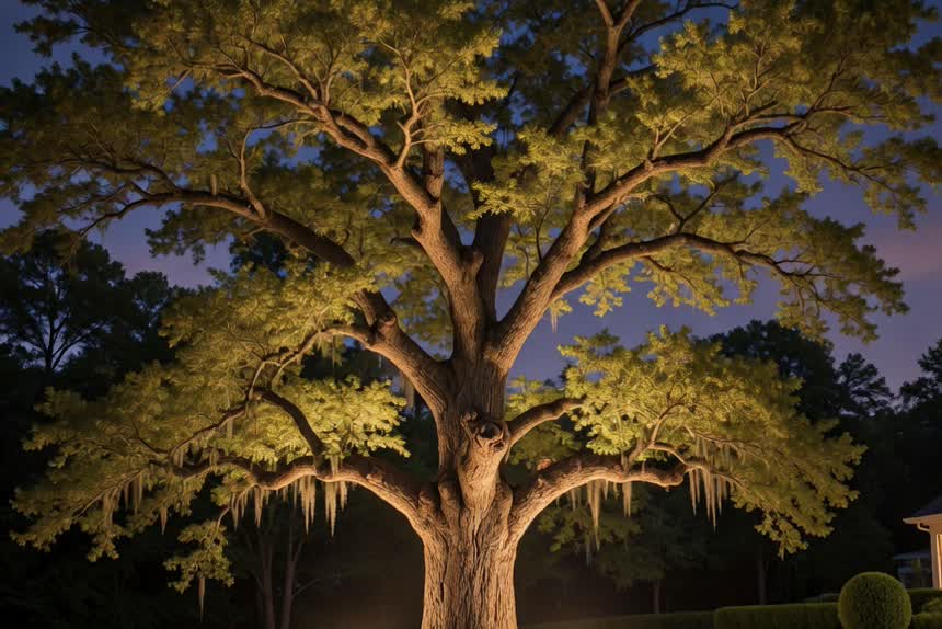 An uplit tree canopy at night
