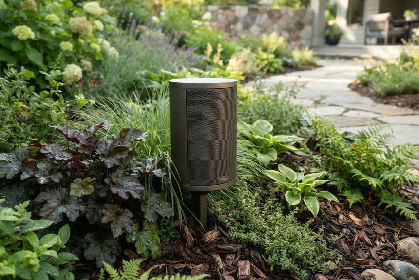 A landscape speaker tucked into a planting bed