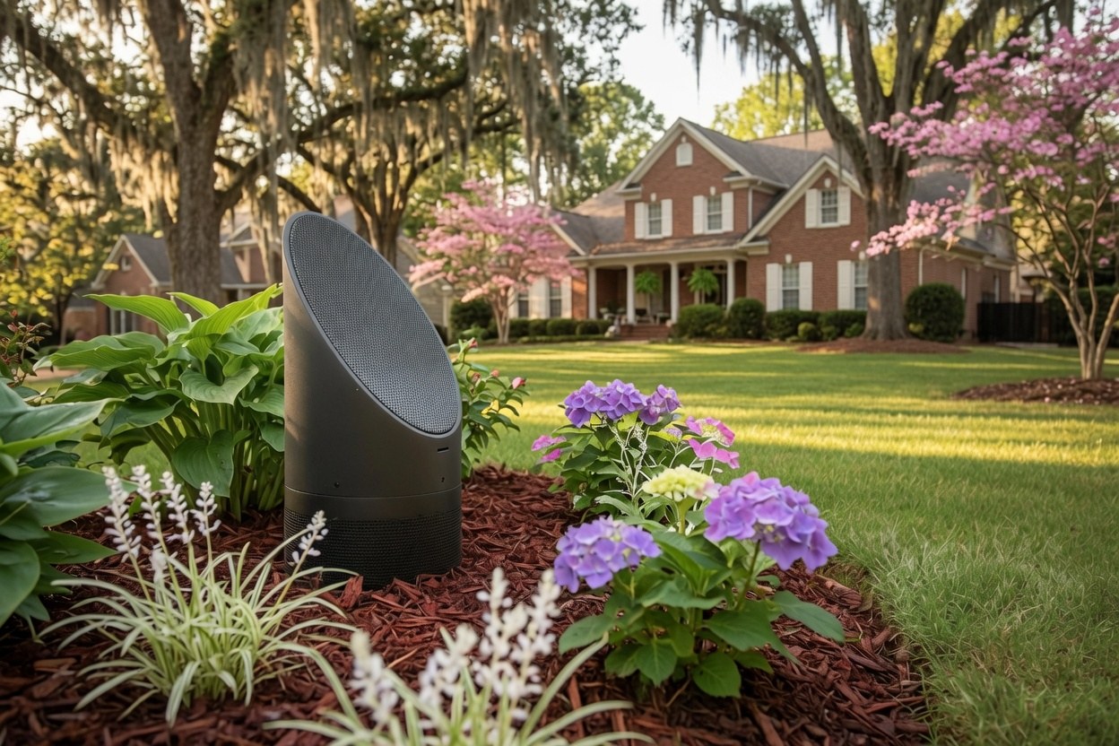A weatherproof landscape speaker set low in a mulched bed of hostas and hydrangeas, a brick home behind it