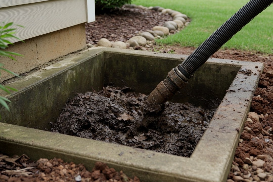 A catch basin at a house foundation packed with wet leaves, being vacuumed clear through a hose
