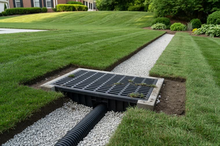 A catch basin and French drain set into a lawn