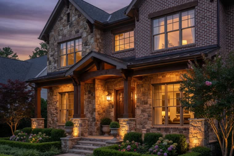 A brick facade washed with warm light after dark