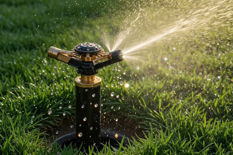 A sprinkler head running across a green lawn