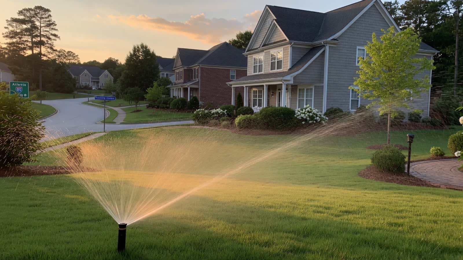 A sprinkler running across a healthy lawn at sunrise