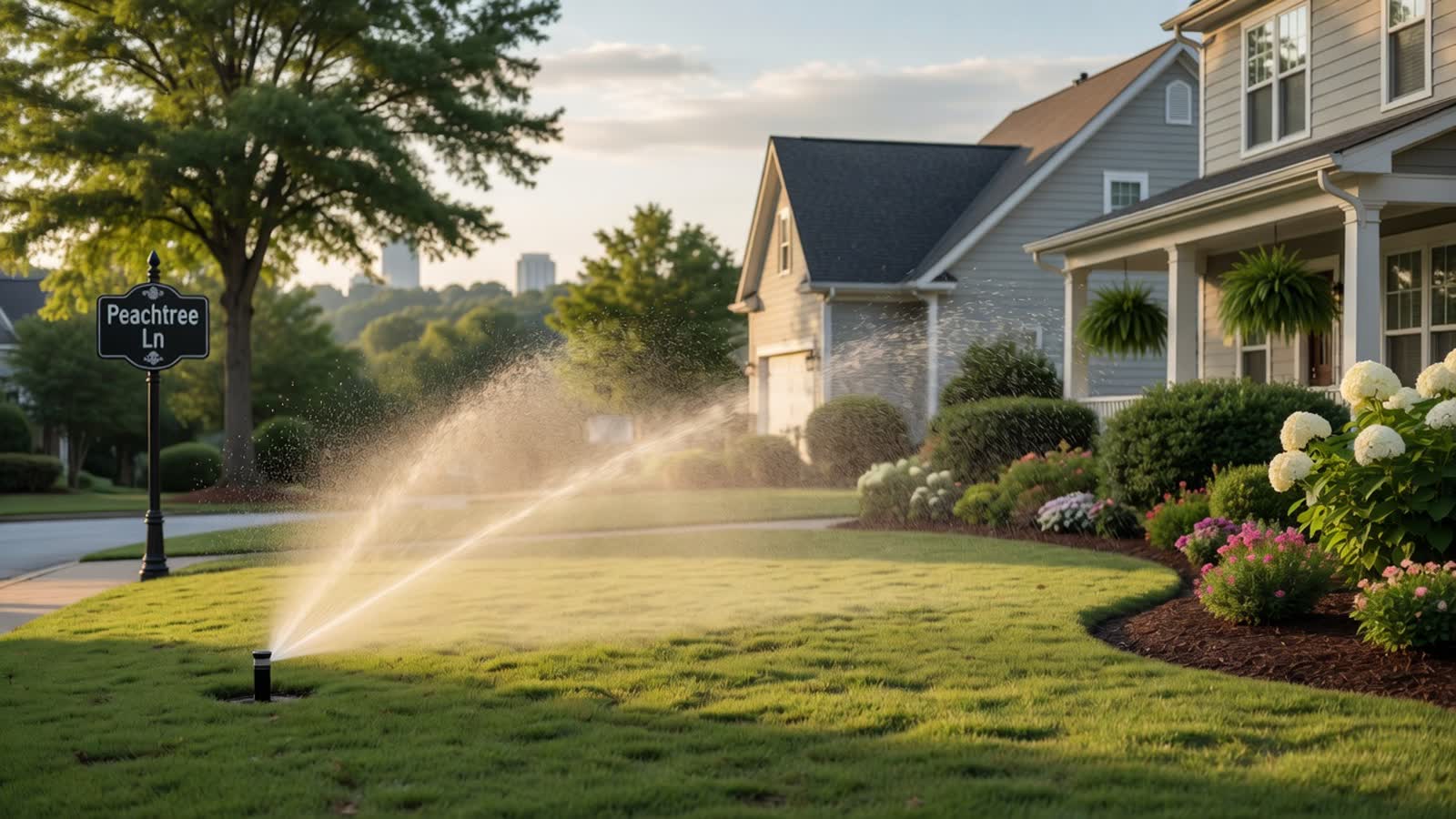 A tuned sprinkler head watering a manicured lawn