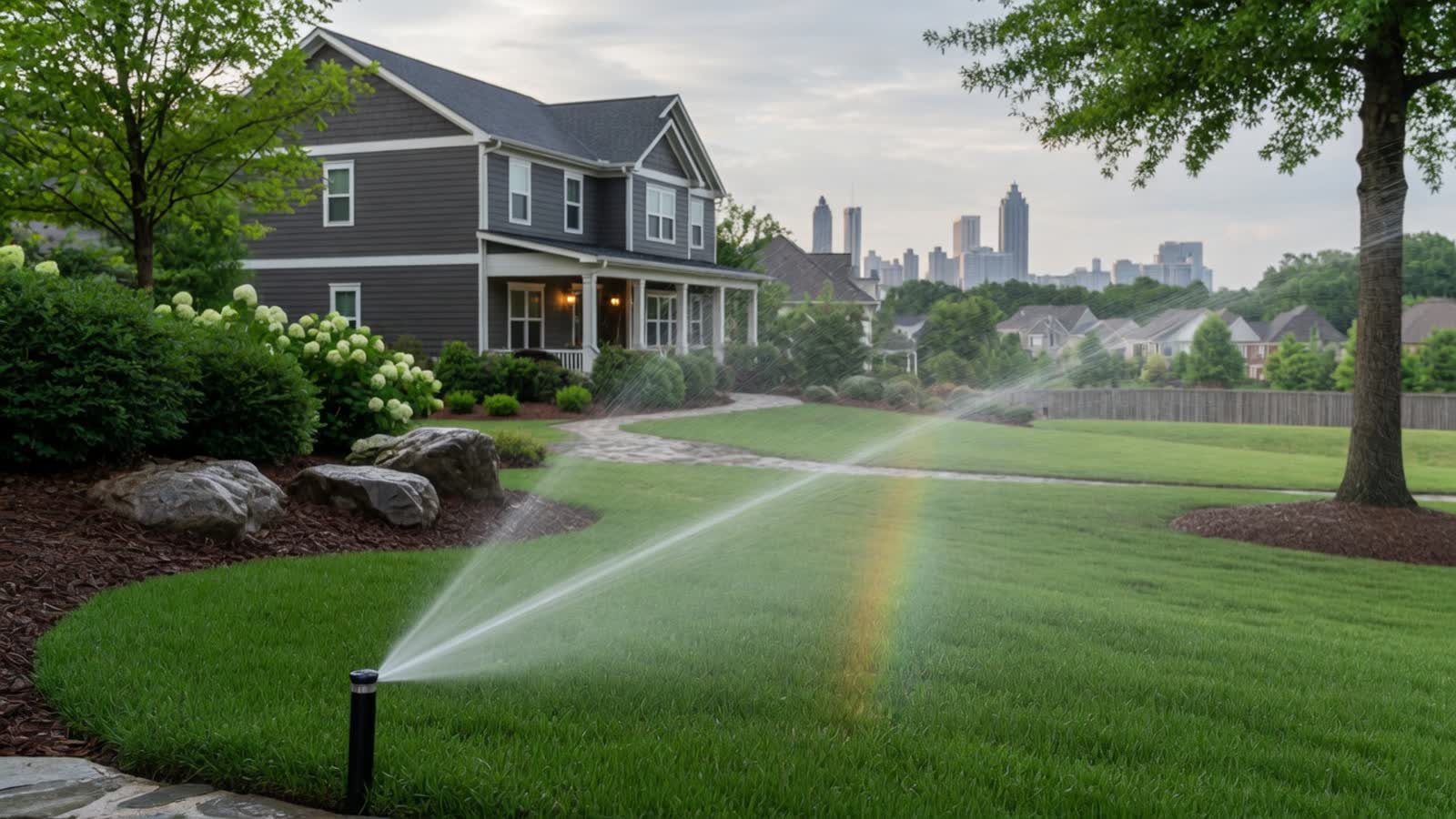 A lawn sprinkler running with the Atlanta skyline behind